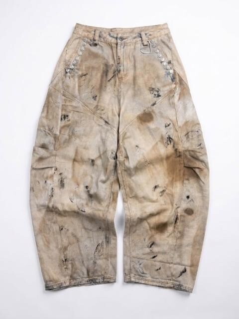 WATER THE PLANT floral print, small floral studs, splatter paint distressed workwear jeans, WTP
