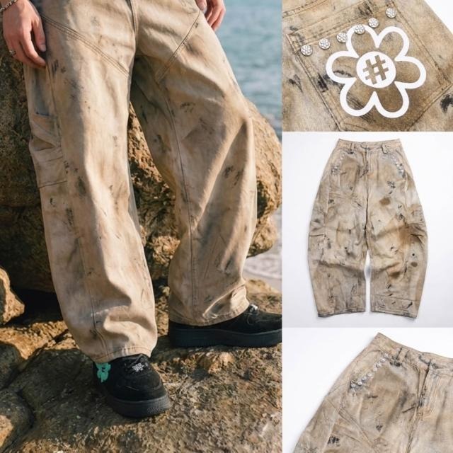 WATER THE PLANT floral print, small floral studs, splatter paint distressed workwear jeans, WTP