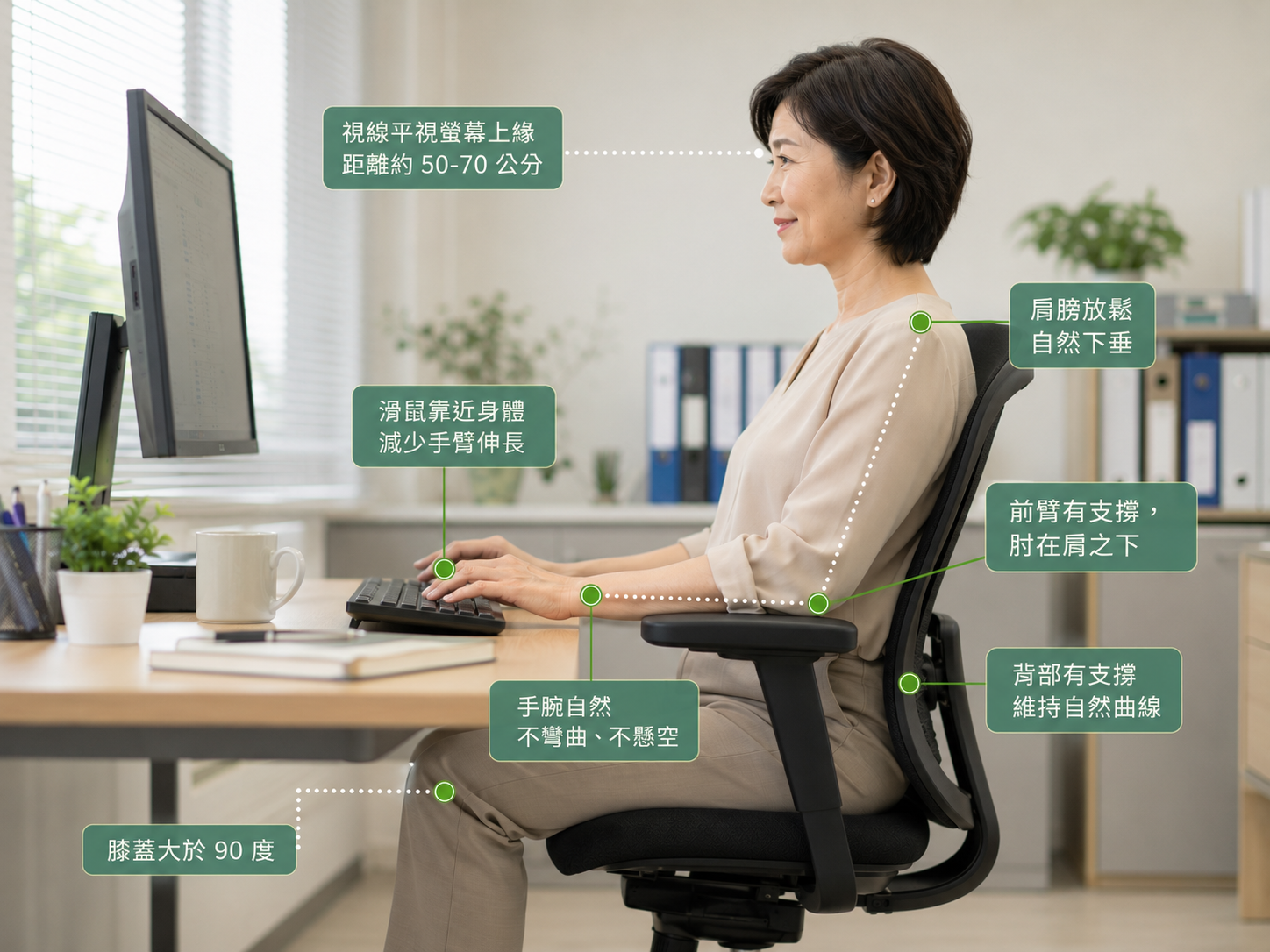 滑鼠與鍵盤靠近身體的手腕中立工作姿勢
