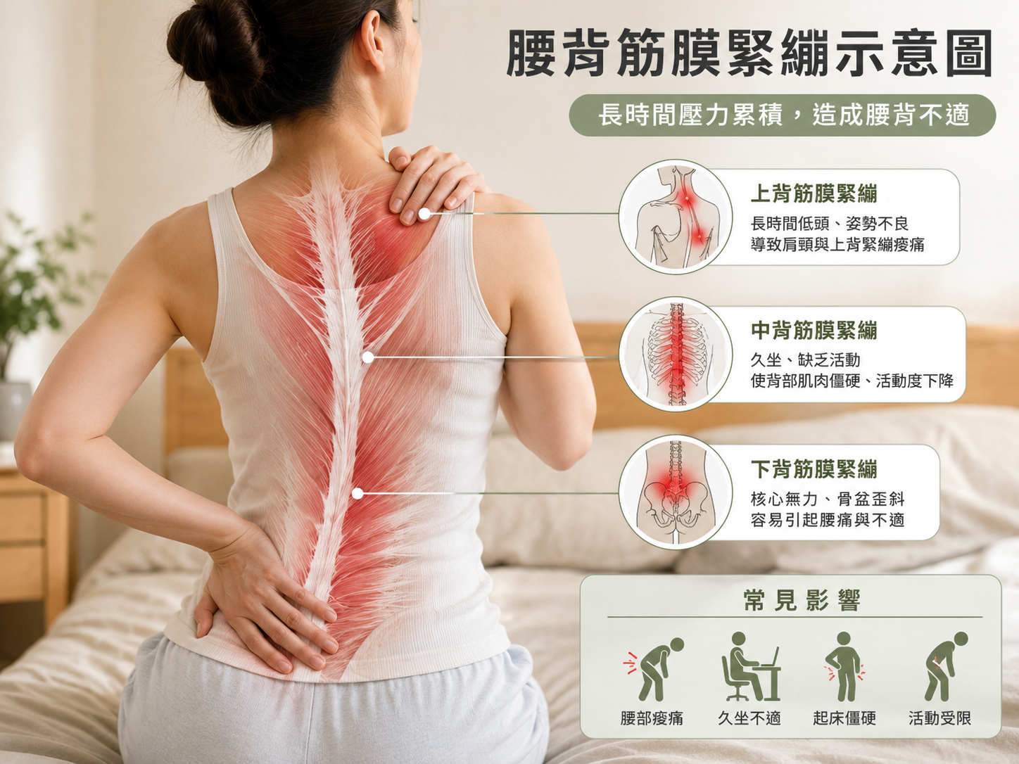 腰背肌肉筋膜緊繃造成睡醒腰痛