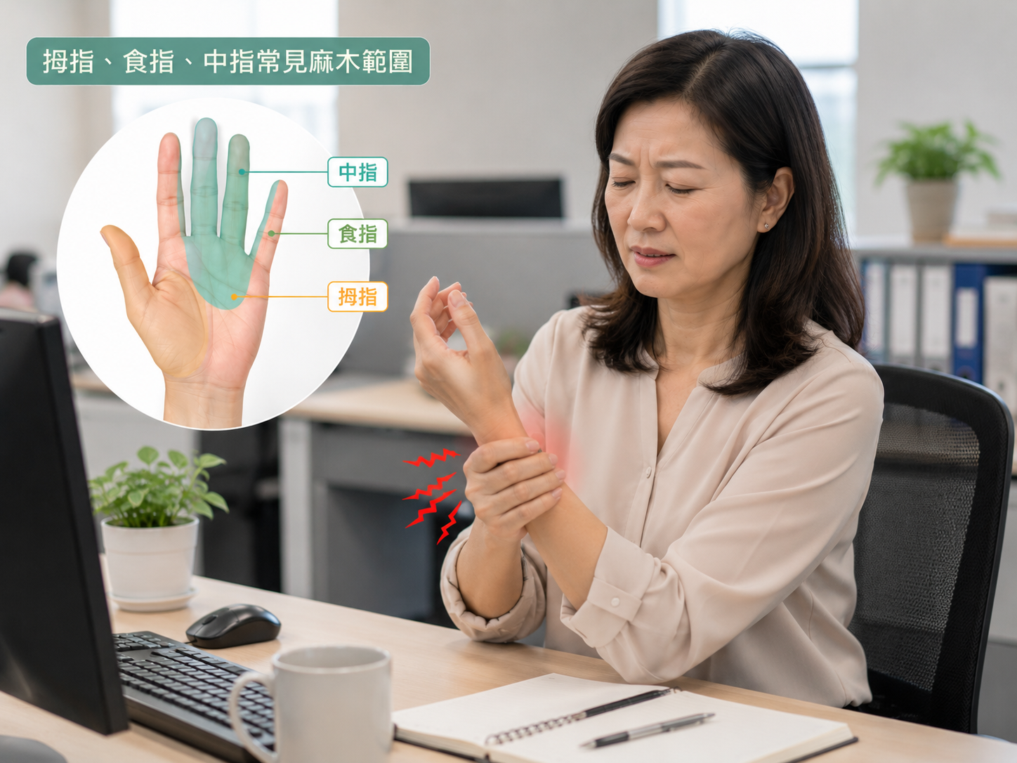 腕隧道症候群正中神經與手指麻木位置示意圖