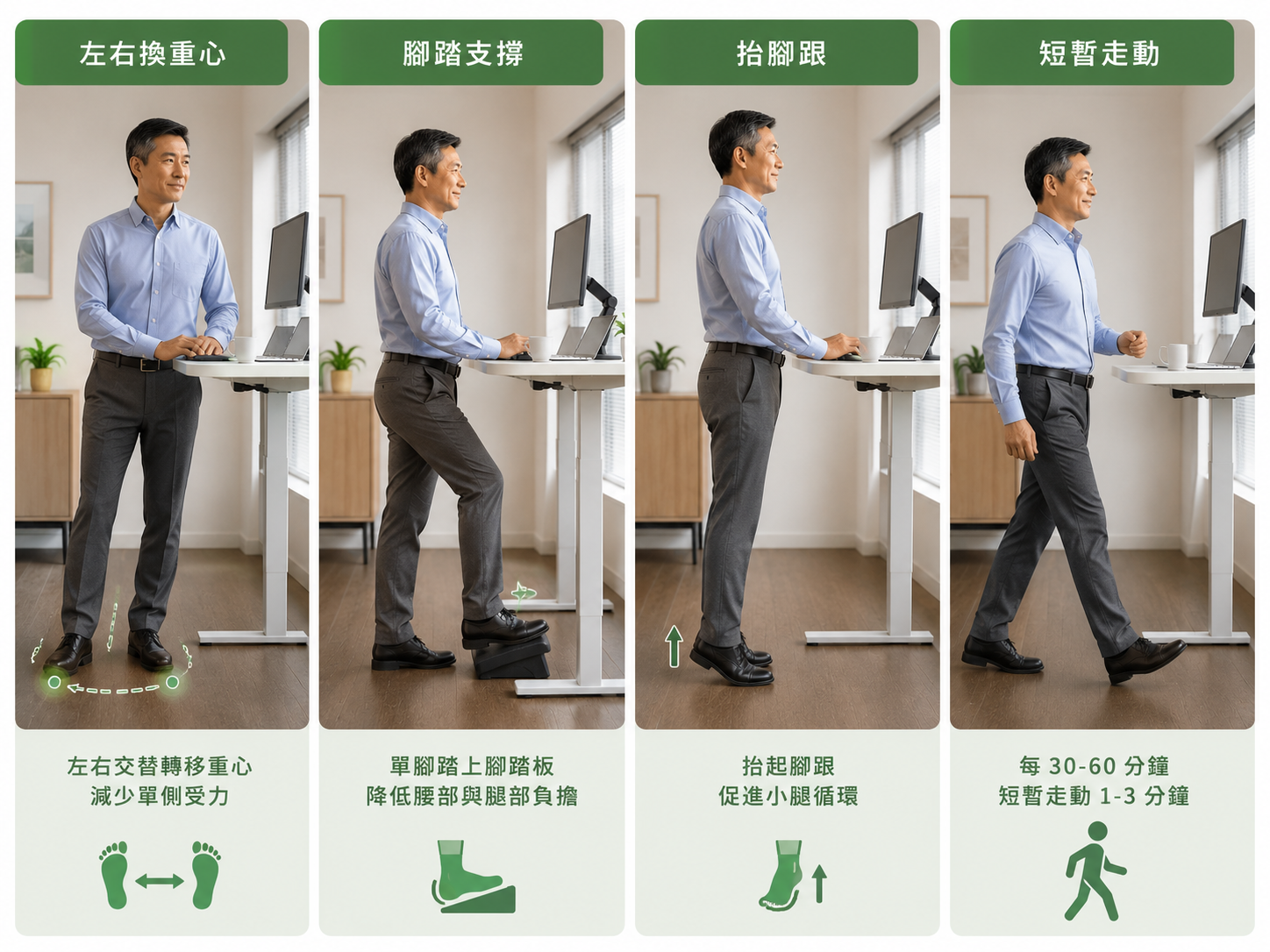 久站族左右換重心腳踝活動與短暫走動示意圖