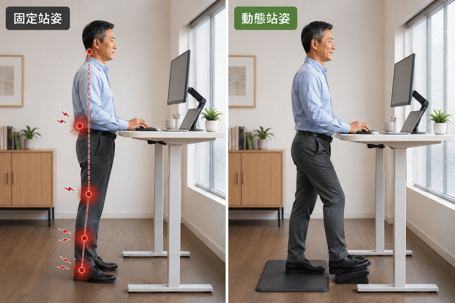 久站時腳底小腿膝部與腰背受力示意圖