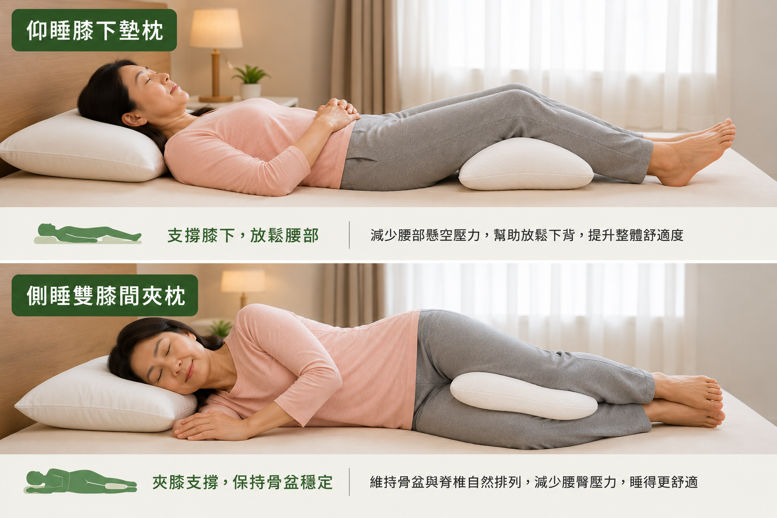仰睡膝下墊枕與側睡雙膝間夾枕改善支撐示意