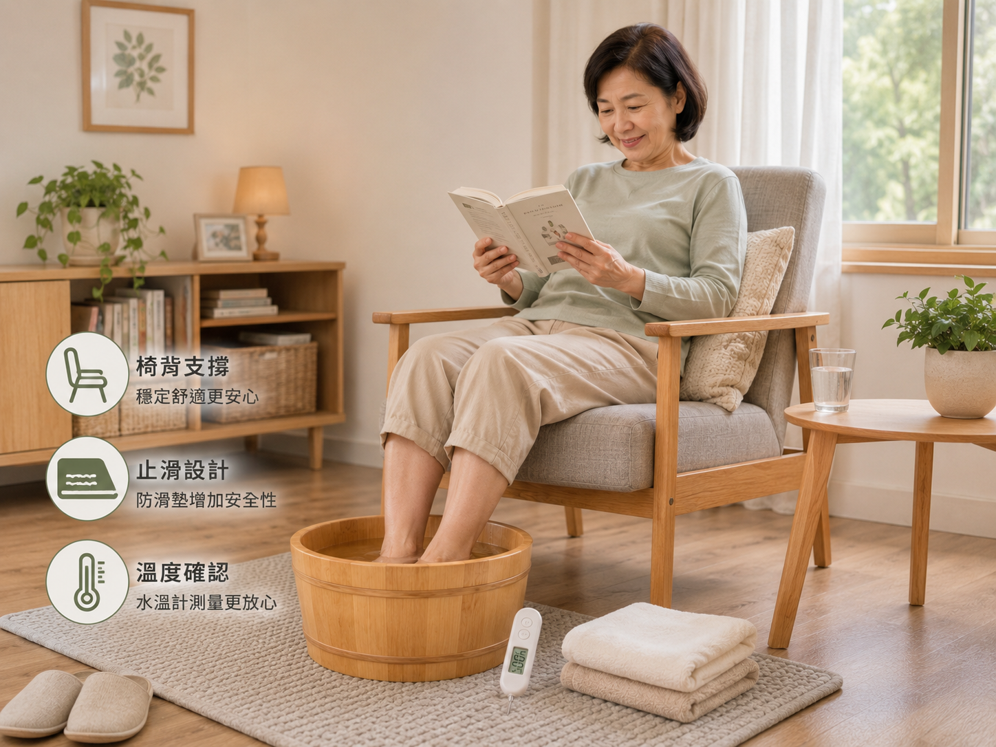 熟齡者坐穩後以溫熱水泡腳並準備防滑墊與毛巾