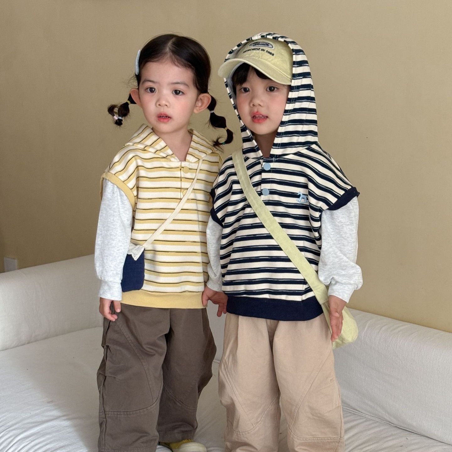 兄弟姐妹一起穿_條紋連帽假兩件上衣