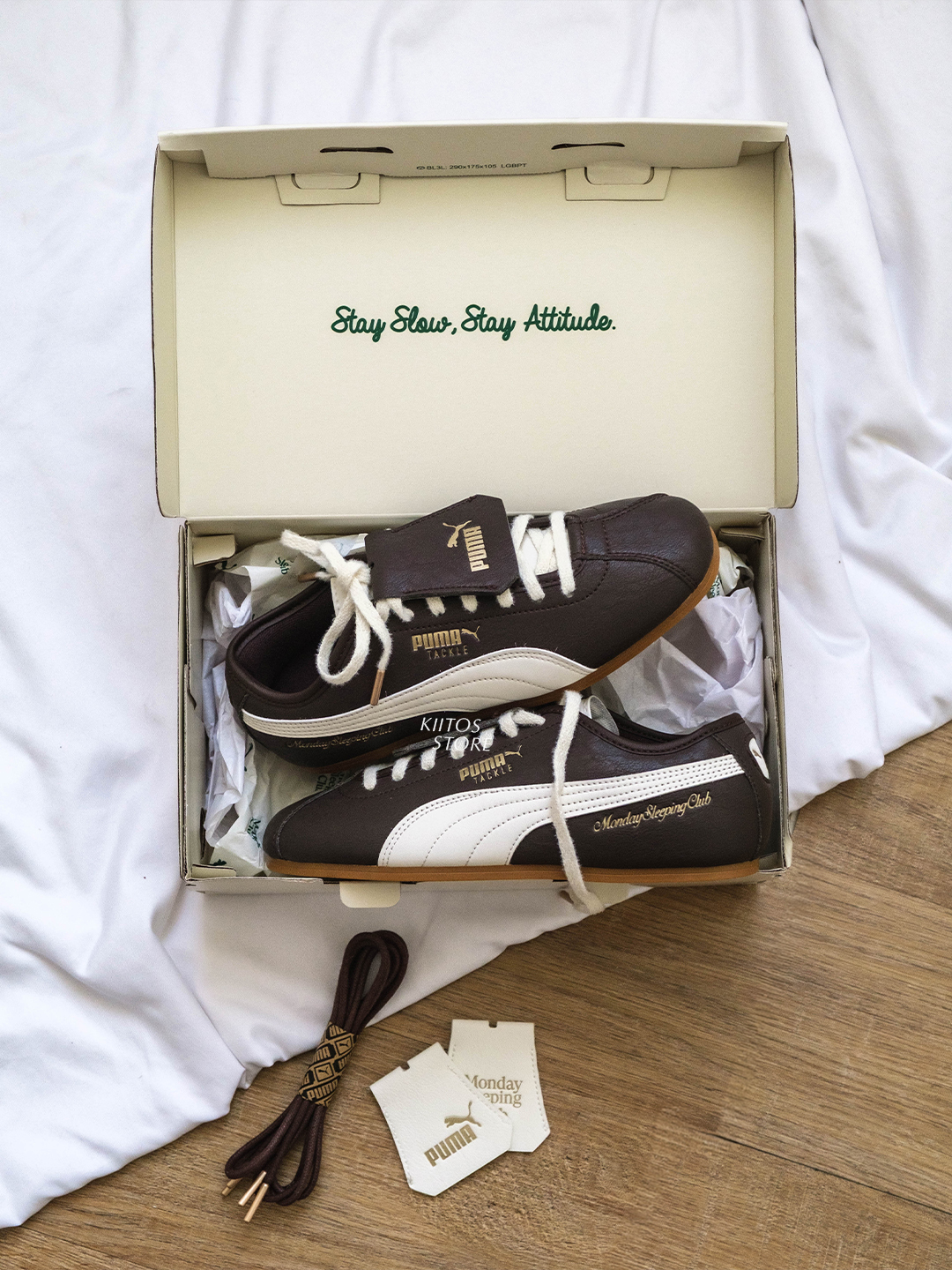 【預購】PUMA x MondaySleepingClub Tackle 可替換 鞋舌 米白棕 巧克力 皮革 燙金 復古 薄底鞋 408847-01
