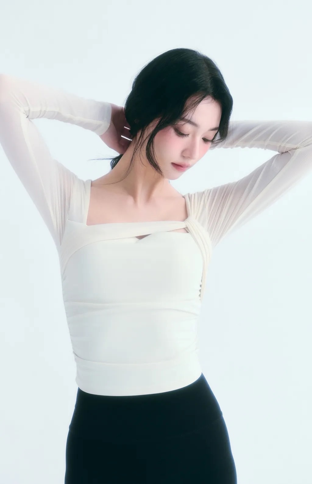 <層次感瑜伽穿搭✨> PopoButt.YC 法式斜肩網紗長袖瑜伽上衣 兩色 黑 白