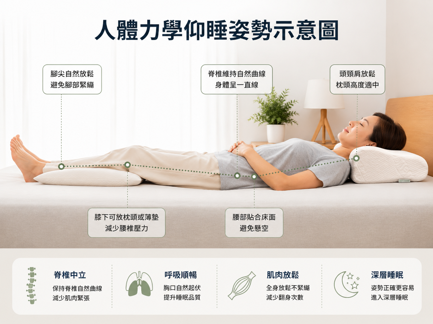 正確仰睡姿勢降低腰部壓力