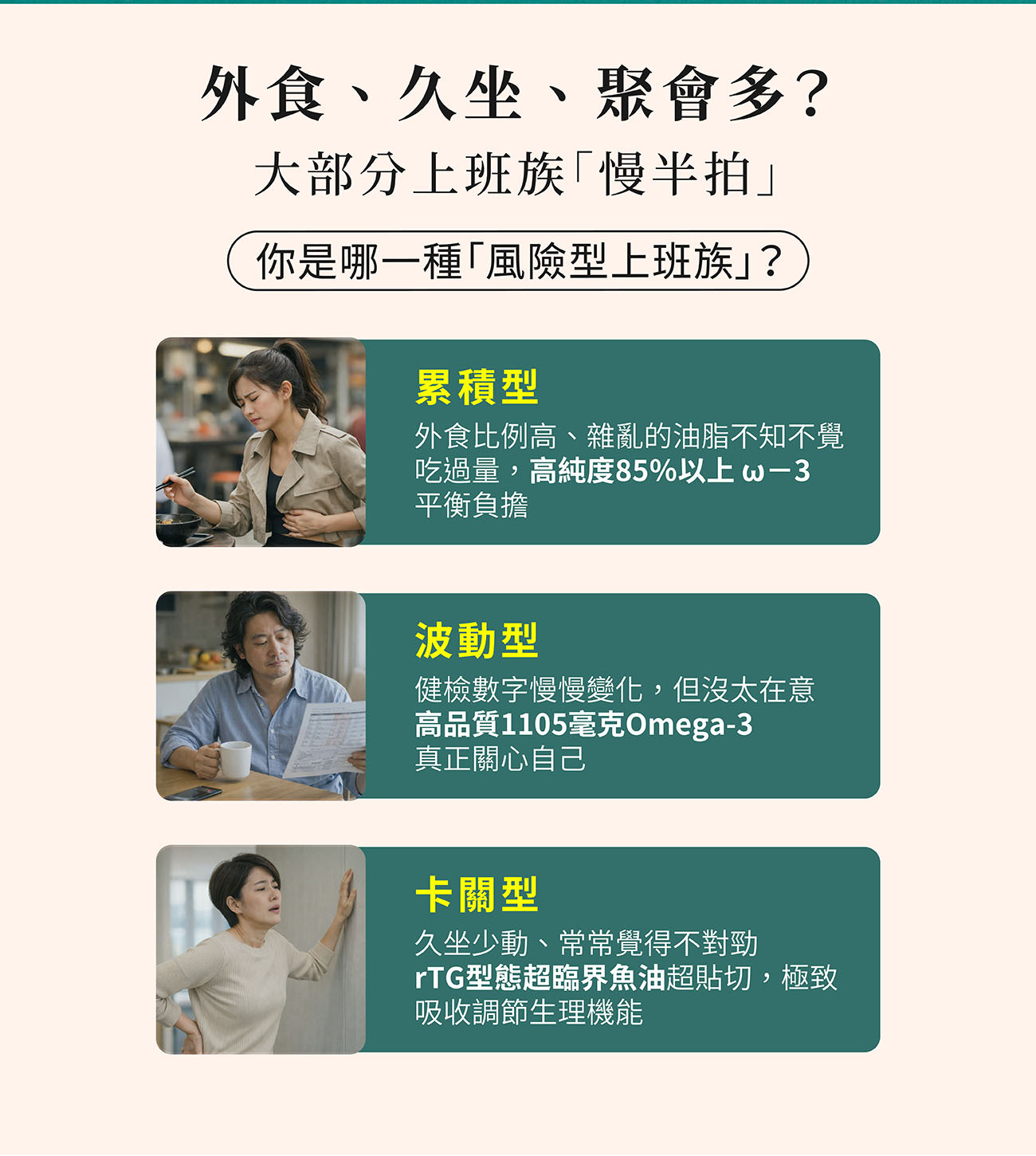 乙禾生醫魚油推薦給外食族、健檢數值波動與久坐卡關等風險型上班族,幫助平衡負擔與調節生理機能