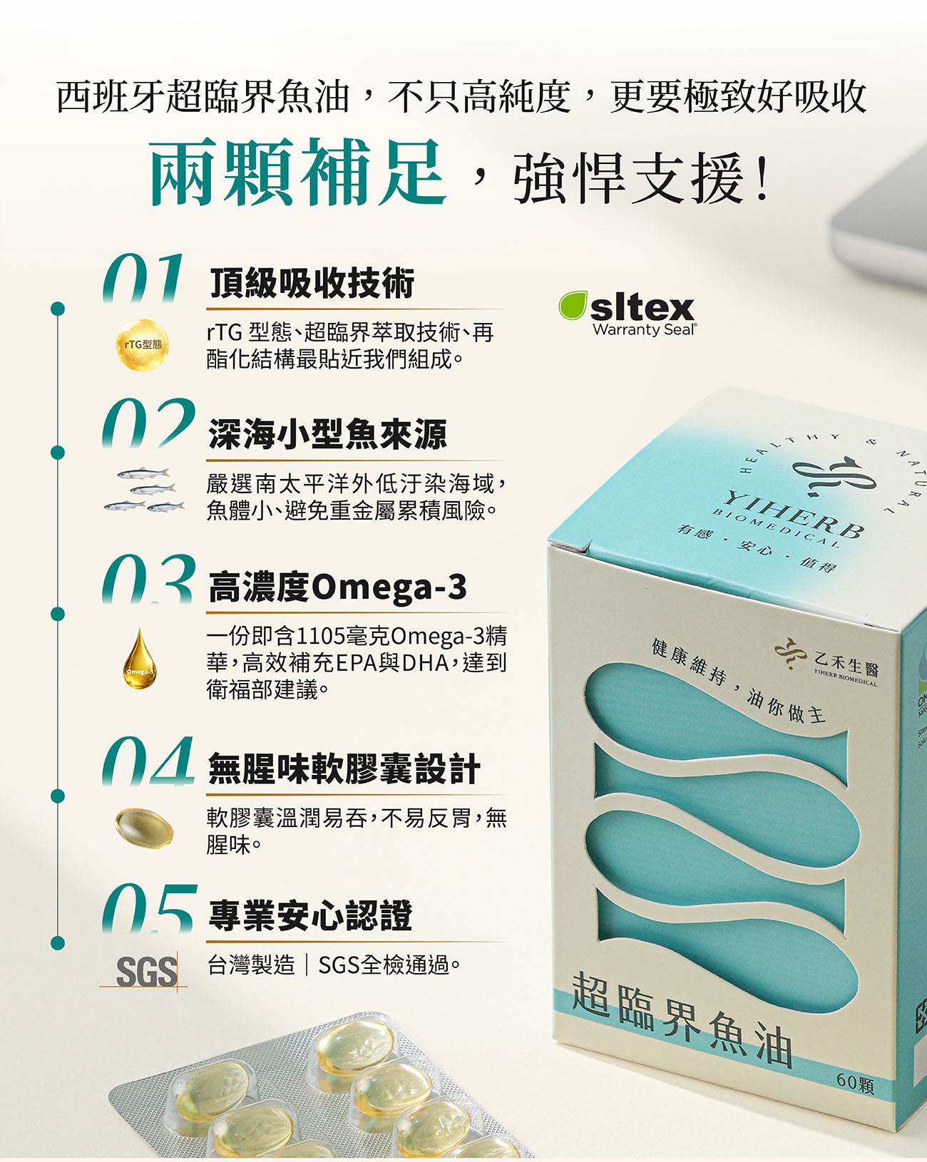 乙禾生醫西班牙超臨界魚油五大優勢:rTG頂級吸收技術、深海小型魚來源、1105毫克高濃度Omega-3、無腥味軟膠囊與SGS安心認證