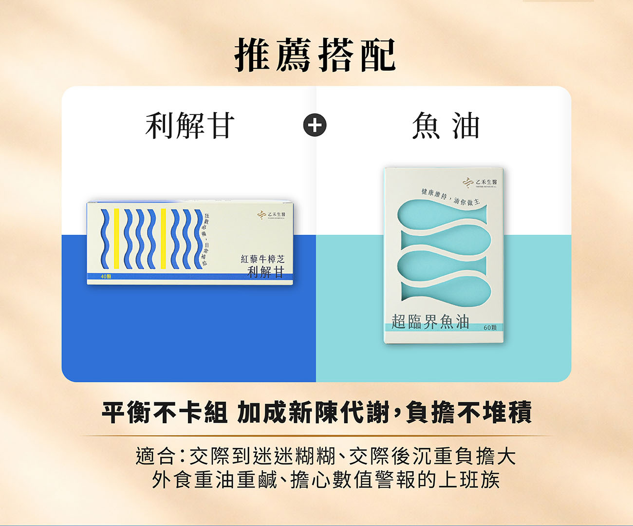 乙禾生醫推薦保健搭配指南:利解甘搭配超臨界魚油,平衡負擔不堆積,適合外食重油與交際頻繁的上班族加成新陳代謝。