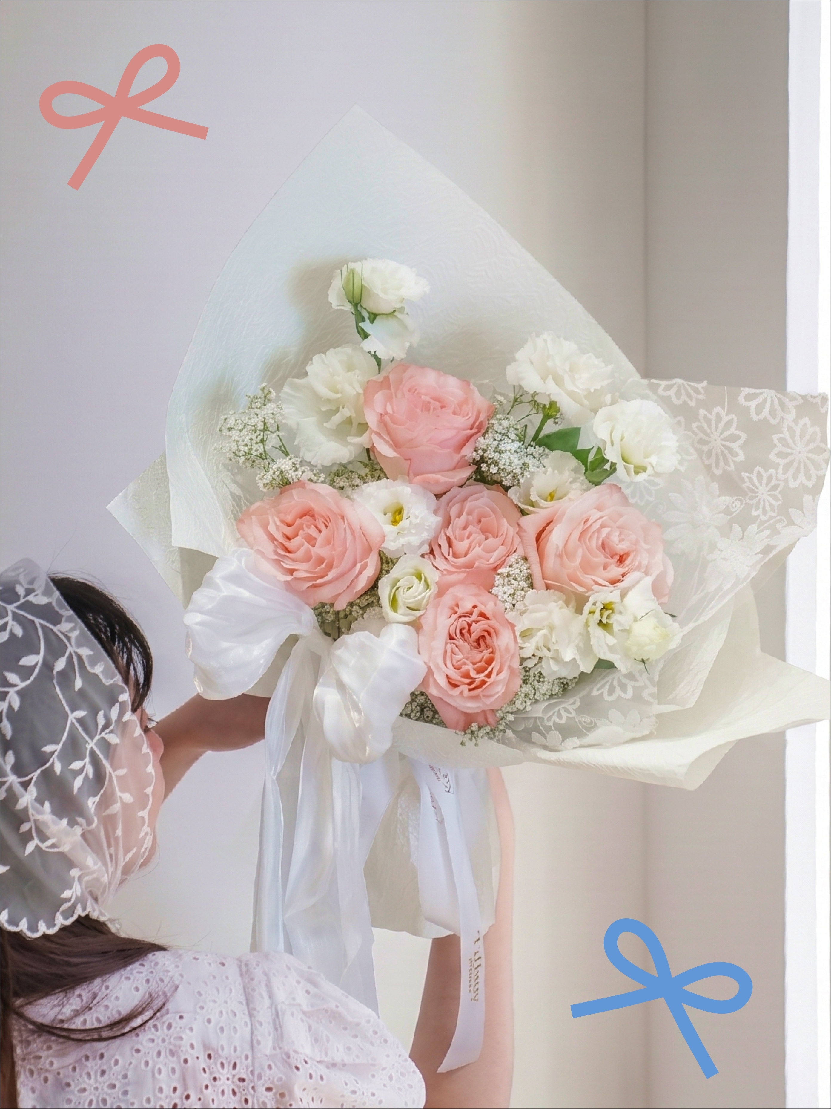 蝴蝶結與蕾絲・粉嫩玫瑰鮮花束