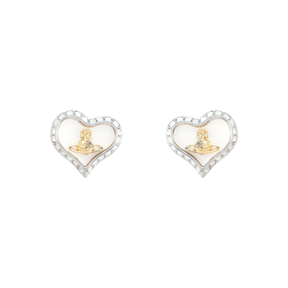 【Vivienne Westwood】Petra 愛心母貝金色土星環針式耳環(金色/珍珠白)