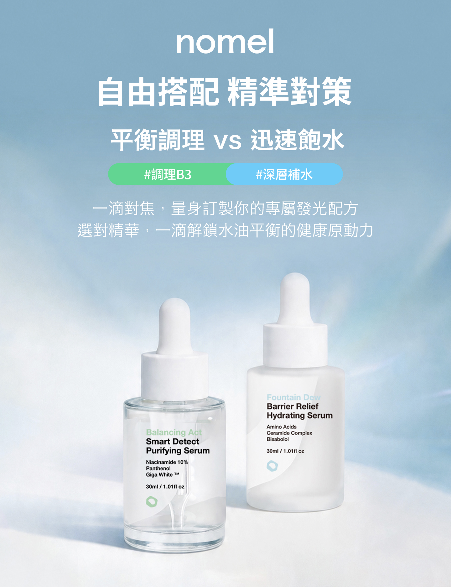 三重神經醯胺保水精華與10%B3油水平衡精華自由搭配，控油調理與補水保濕雙效兼顧