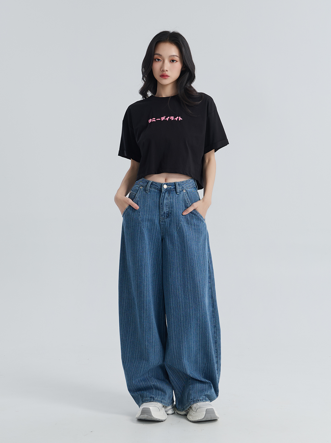 條紋牛仔闊腿褲