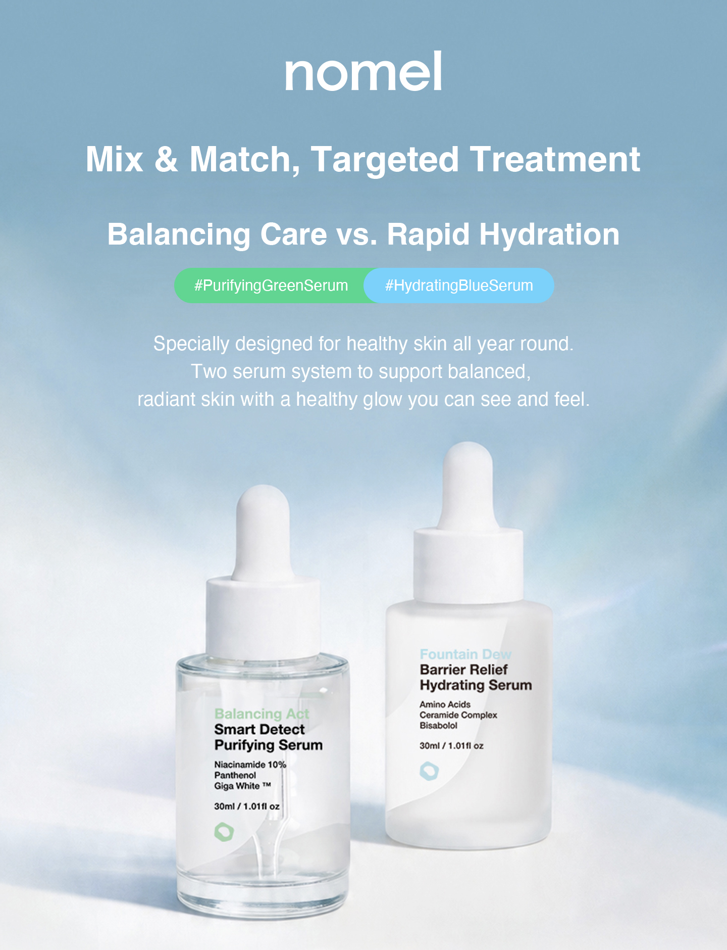 The Signature Duo: mix and match Fountain Dew Barrier Relief Hydrating Serum for hydration and Balancing Act Smart Detect Purifying Serum for oil control, morning oil control and evening hydration routine