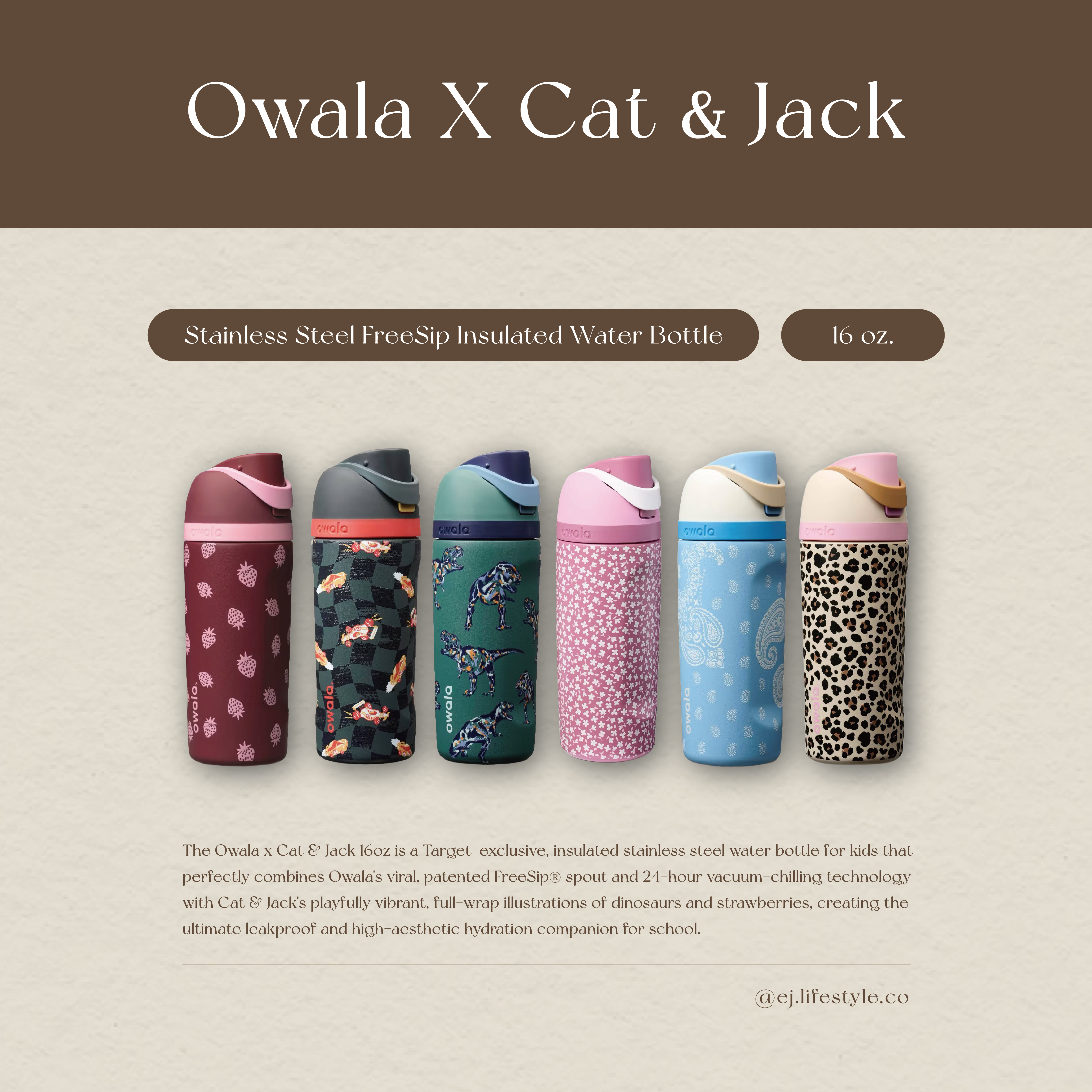 🇺🇸 Owala x Cat & Jack FreeSip Stainless Steel Water Bottle 滿版圖案 不鏽鋼保溫杯 直飲杯 吸管杯 16oz 475ml / 預購