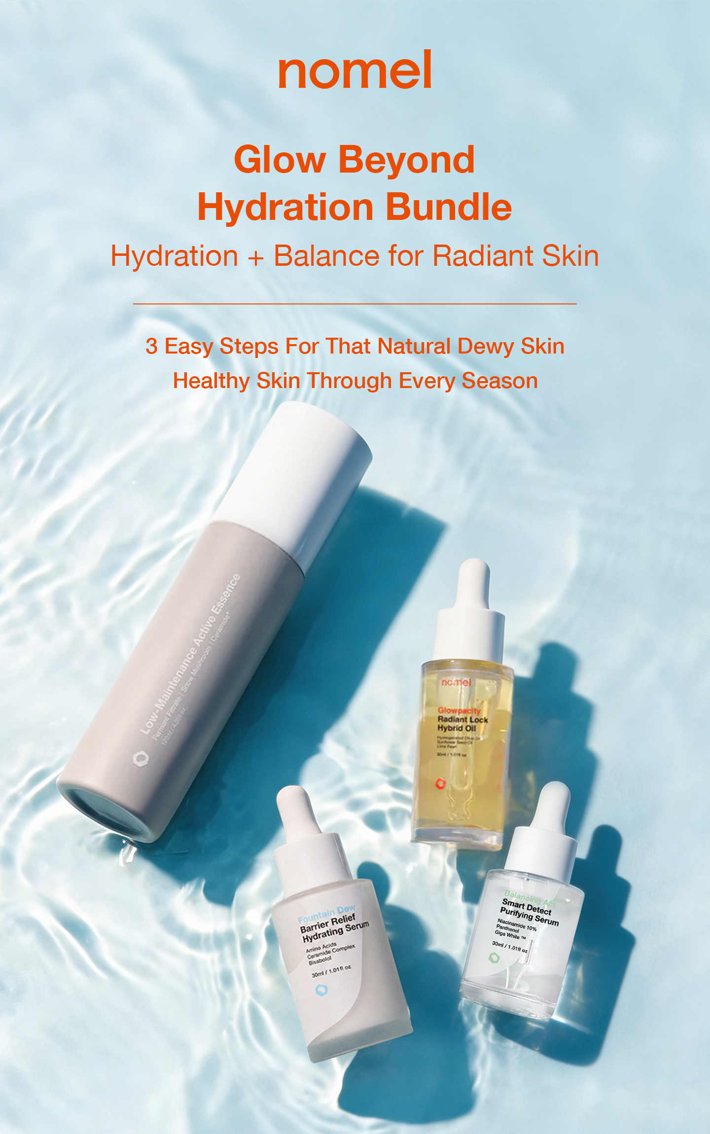 nomel Glow Beyond Hydration Bundle hydrating and balancing 3-step routine for radiant, glowing skin during seasonal transitions