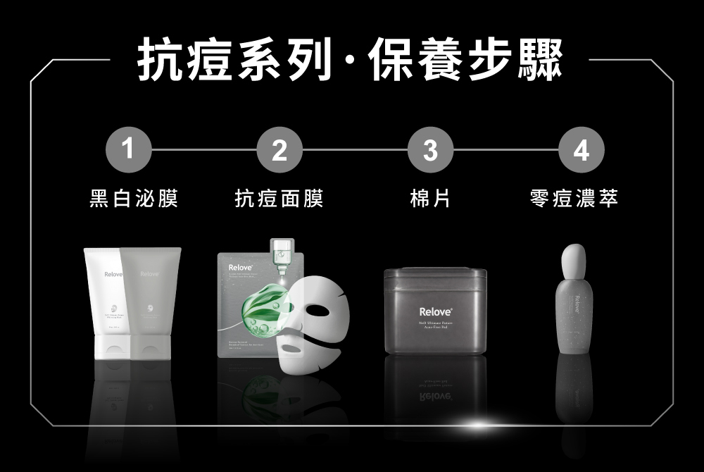 抗痘系列保養步驟：黑白泌膜➡︎抗痘面膜➡︎棉片➡︎零痘濃萃