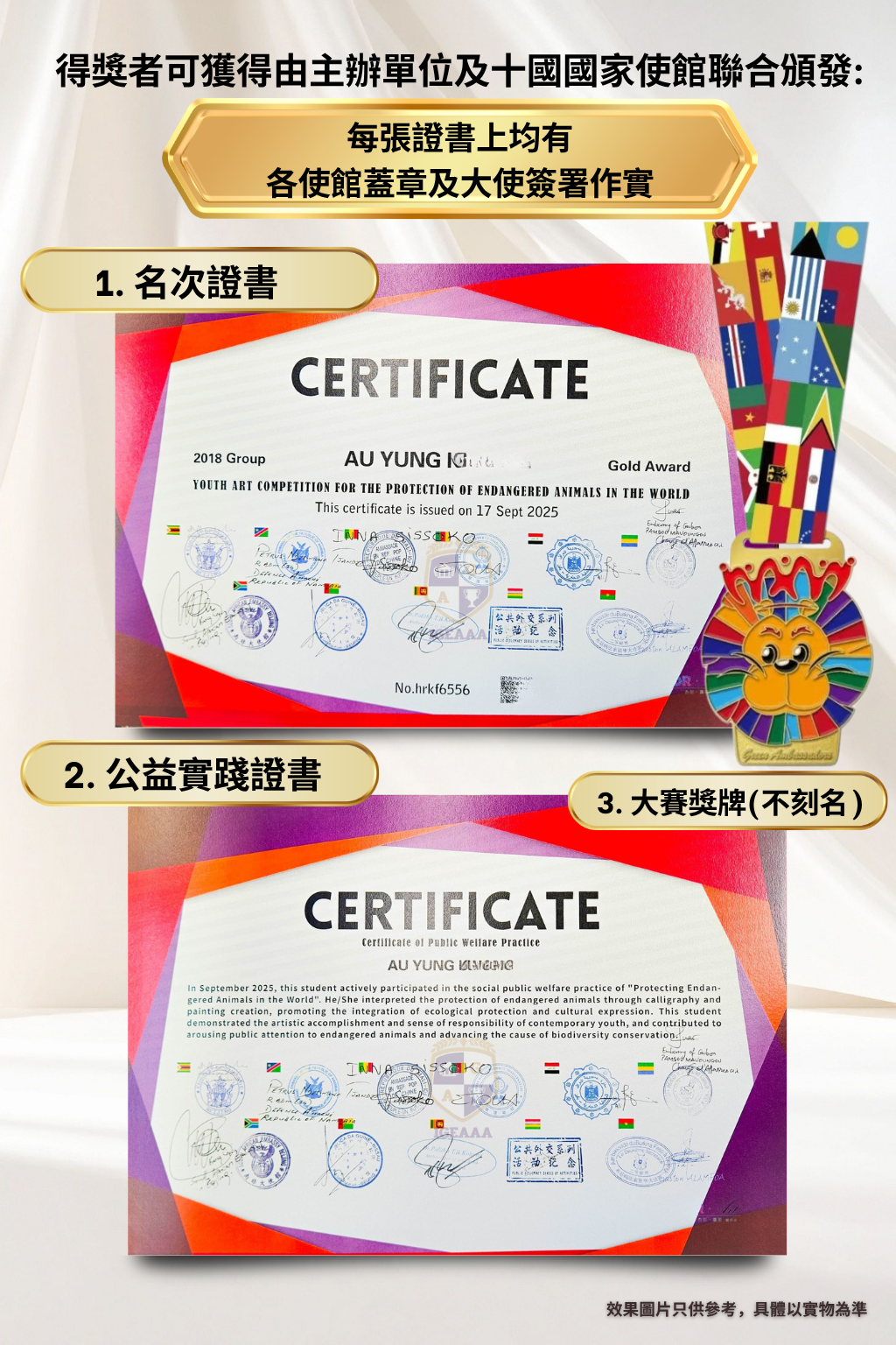 十國國家使館聯合發起_保護世界瀕危動物藝術大賽7_證書及獎牌