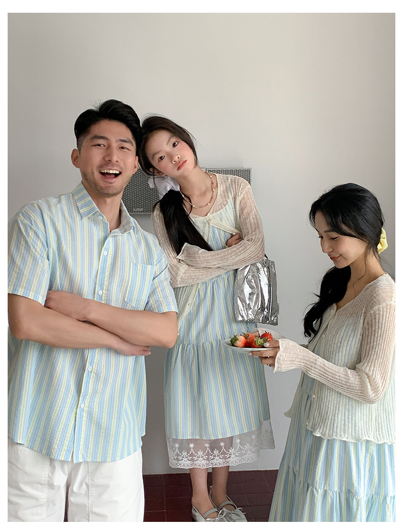 【H1052】Family｜法式黃藍白條紋度假風親子裝(80-3XL)