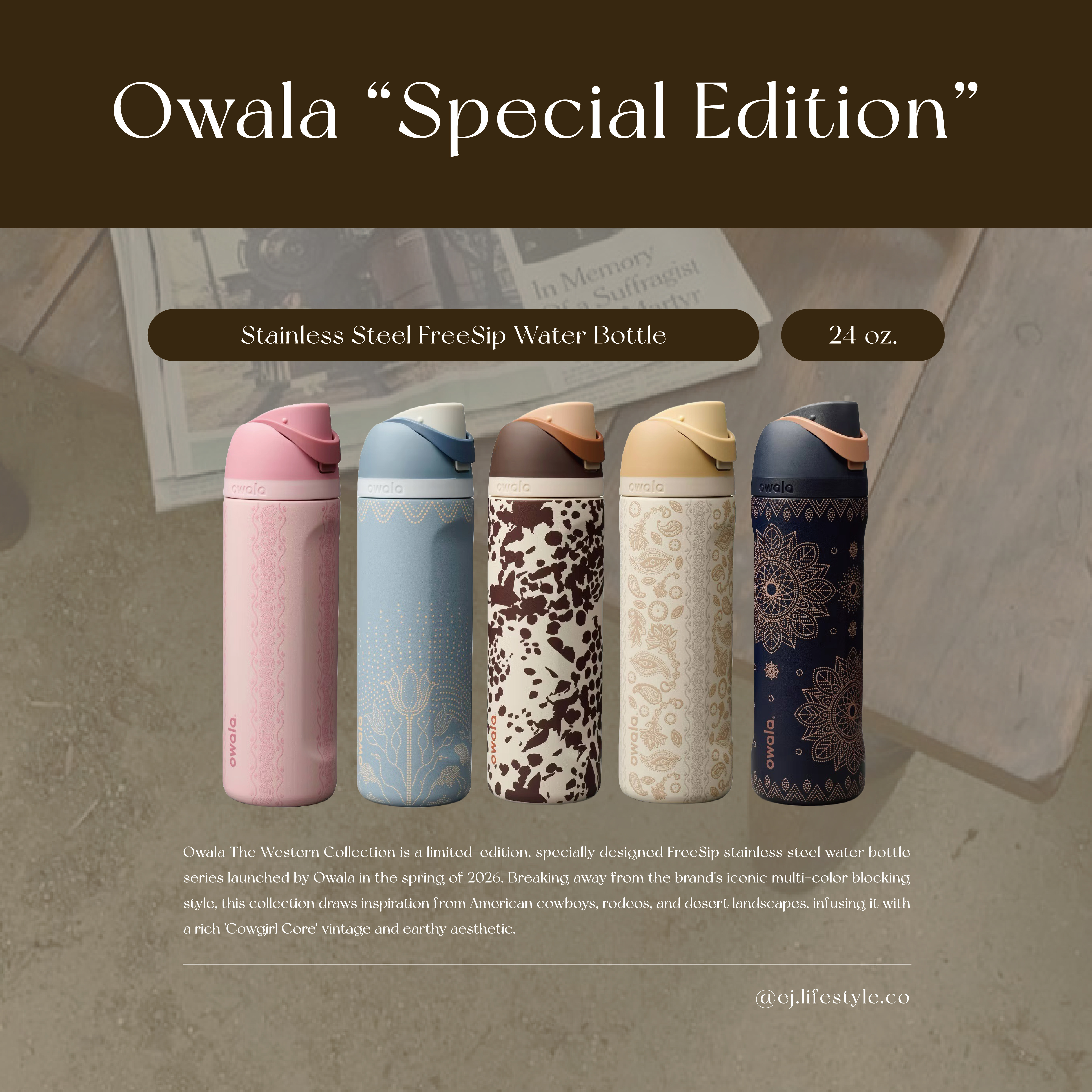 🇺🇸 Owala FreeSip Stainless Steel Water Bottle 西部牛仔風 不鏽鋼保溫杯 直飲杯 吸管杯 24oz 710ml / 預購