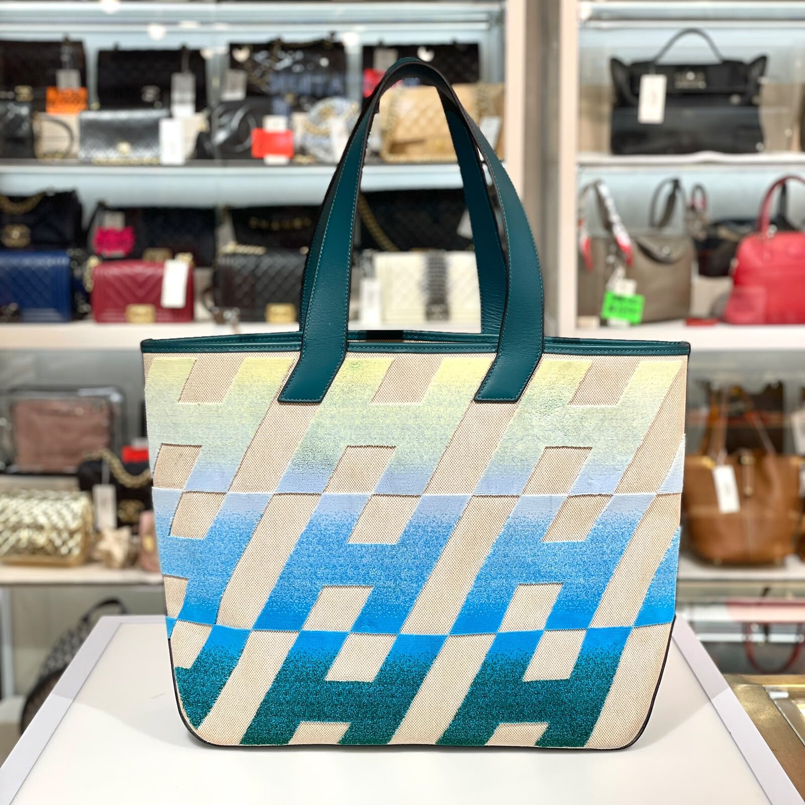 95%NEW二手HERMES CABAS H BIAIS TUFTED MOTIF  40 TOTE BAG  Z 綠藍色H字帆布 #香榭站正品
