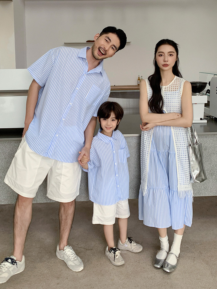 【H1053】Family｜韓系藍白條紋優雅風親子裝(80-3XL)