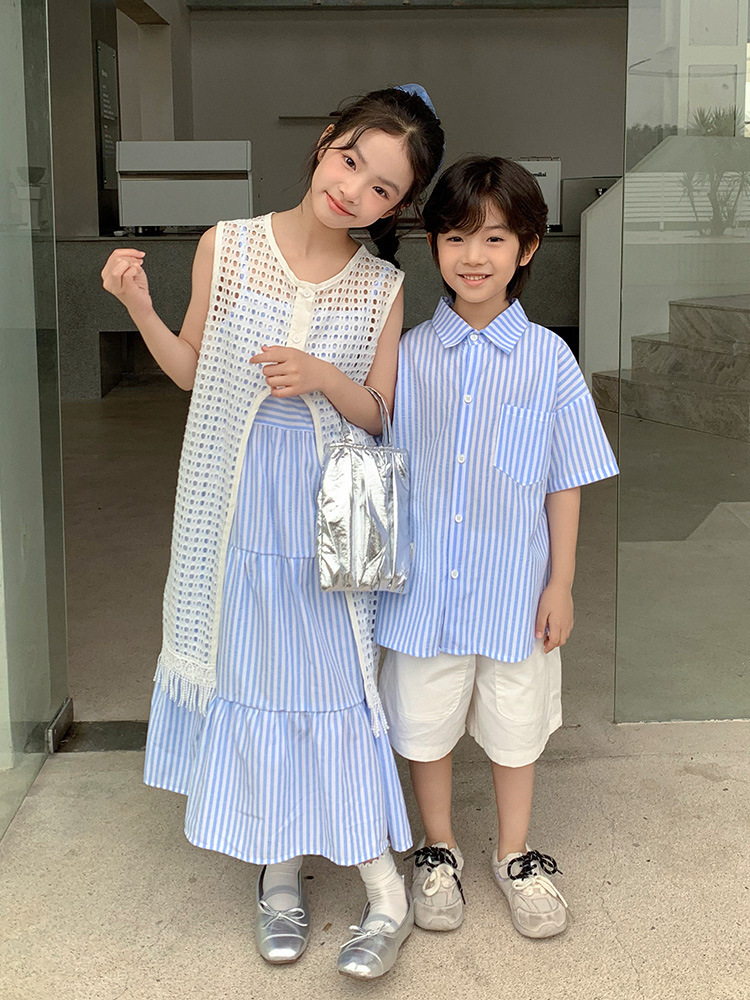 【H1053】Family｜韓系藍白條紋優雅風親子裝(80-3XL)