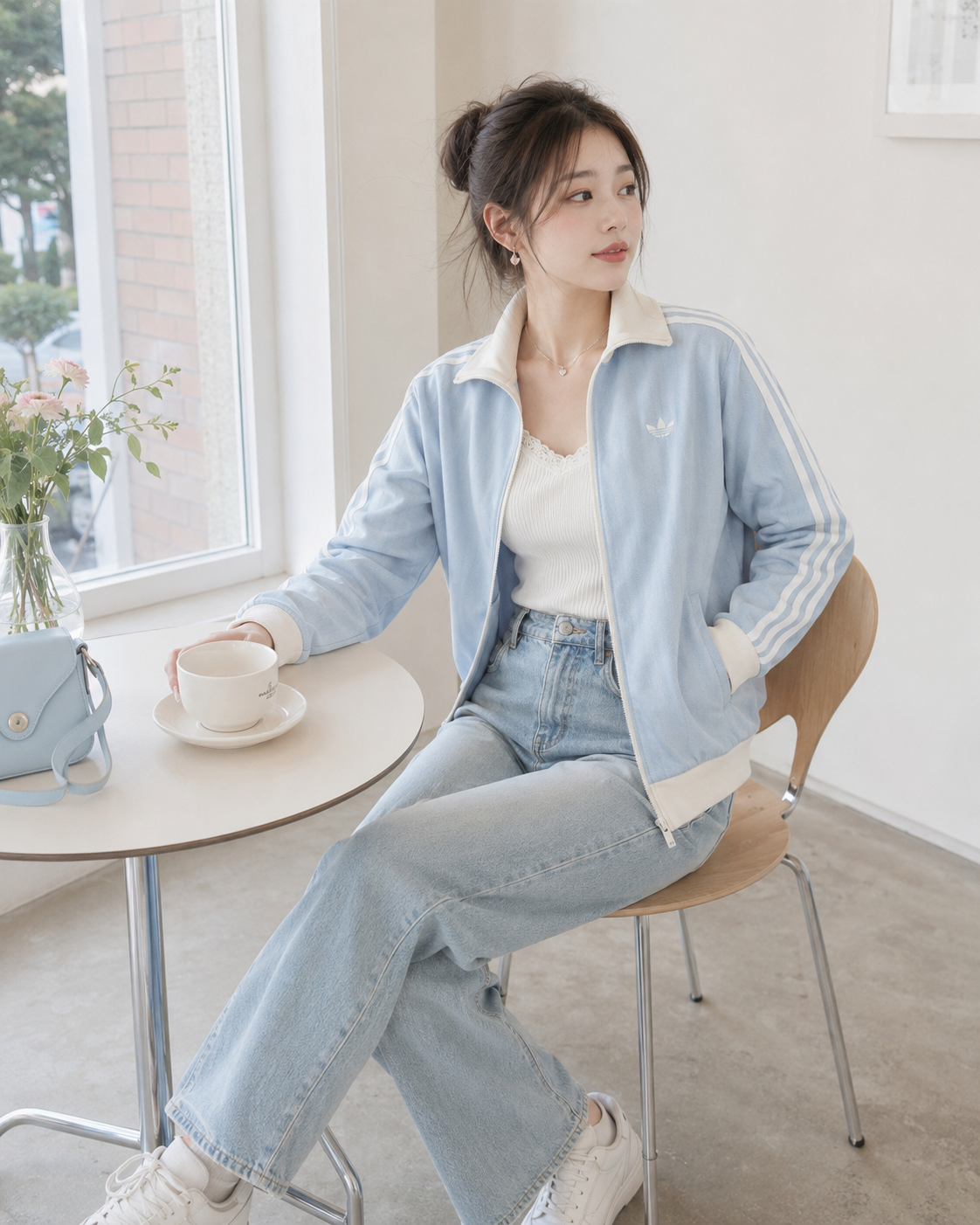 <韓國限定> Adidas 寶寶藍 天空藍 Crystal Sky 條紋 混織 三線外套