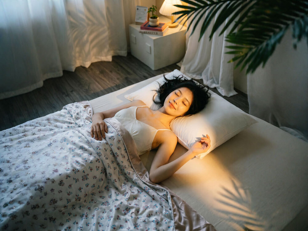 一位女性蓋著涼被舒服地睡著了