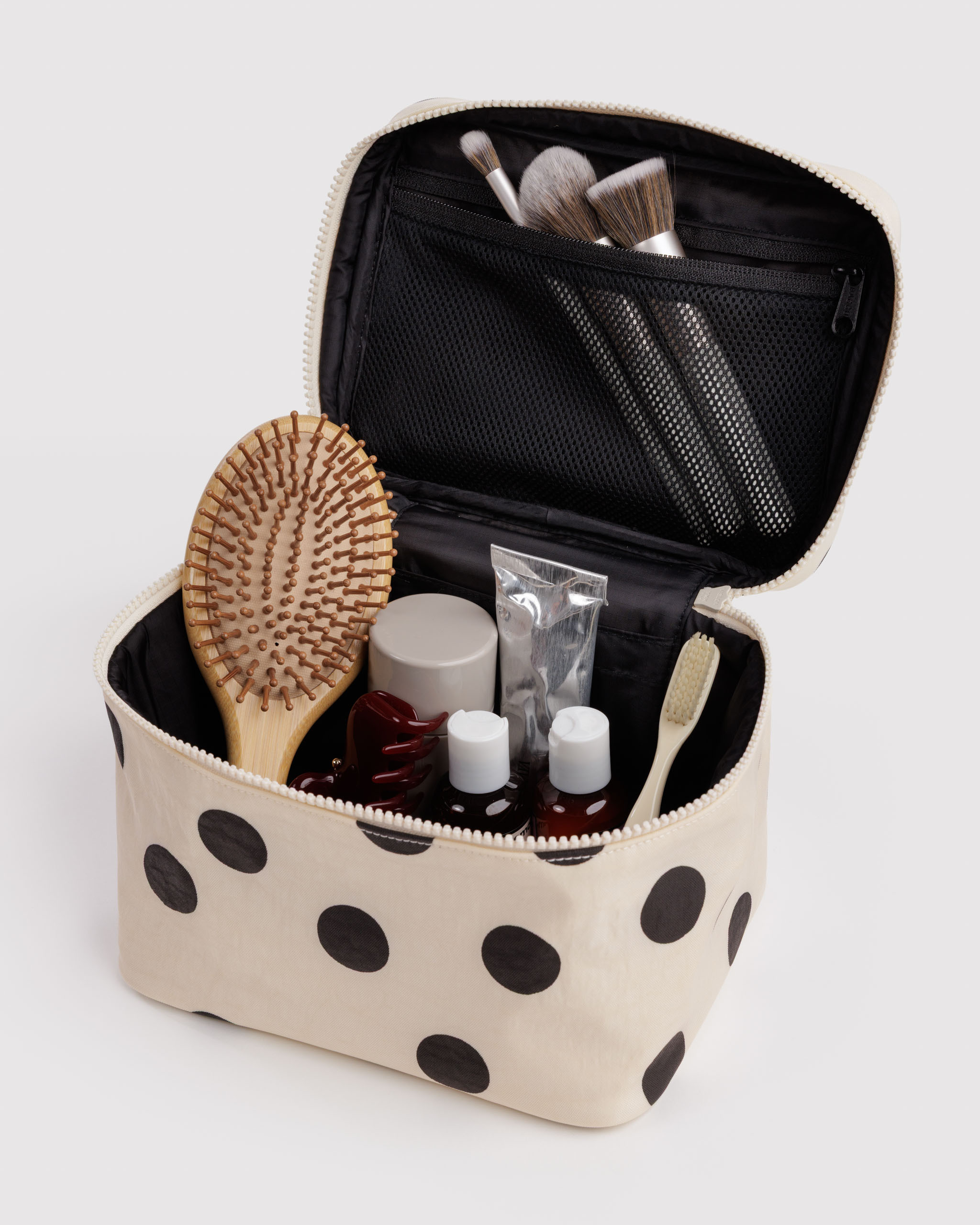 Large Cosmetic Case - Cream and Black Polka Dot | BAGGU