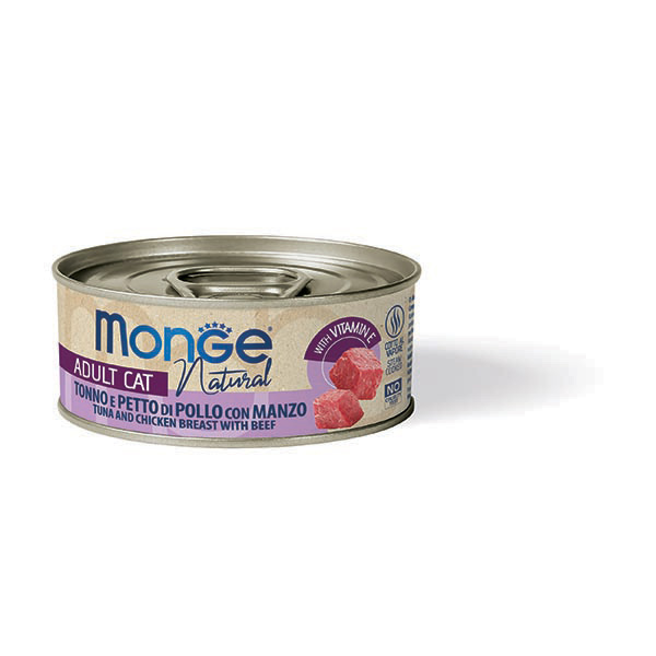 Monge – [鮮味肉絲系列] 吞拿魚雞肉牛肉 Tuna and Chicken Breast Flakes with Beef 80g (紫紅)