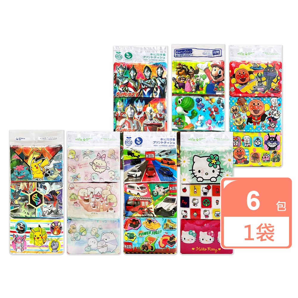 日本印花面紙 6包入/組  Hello Kitty Pokémon Super Mario Ultraman TOMICA Sumikko Gurashi Anpanman