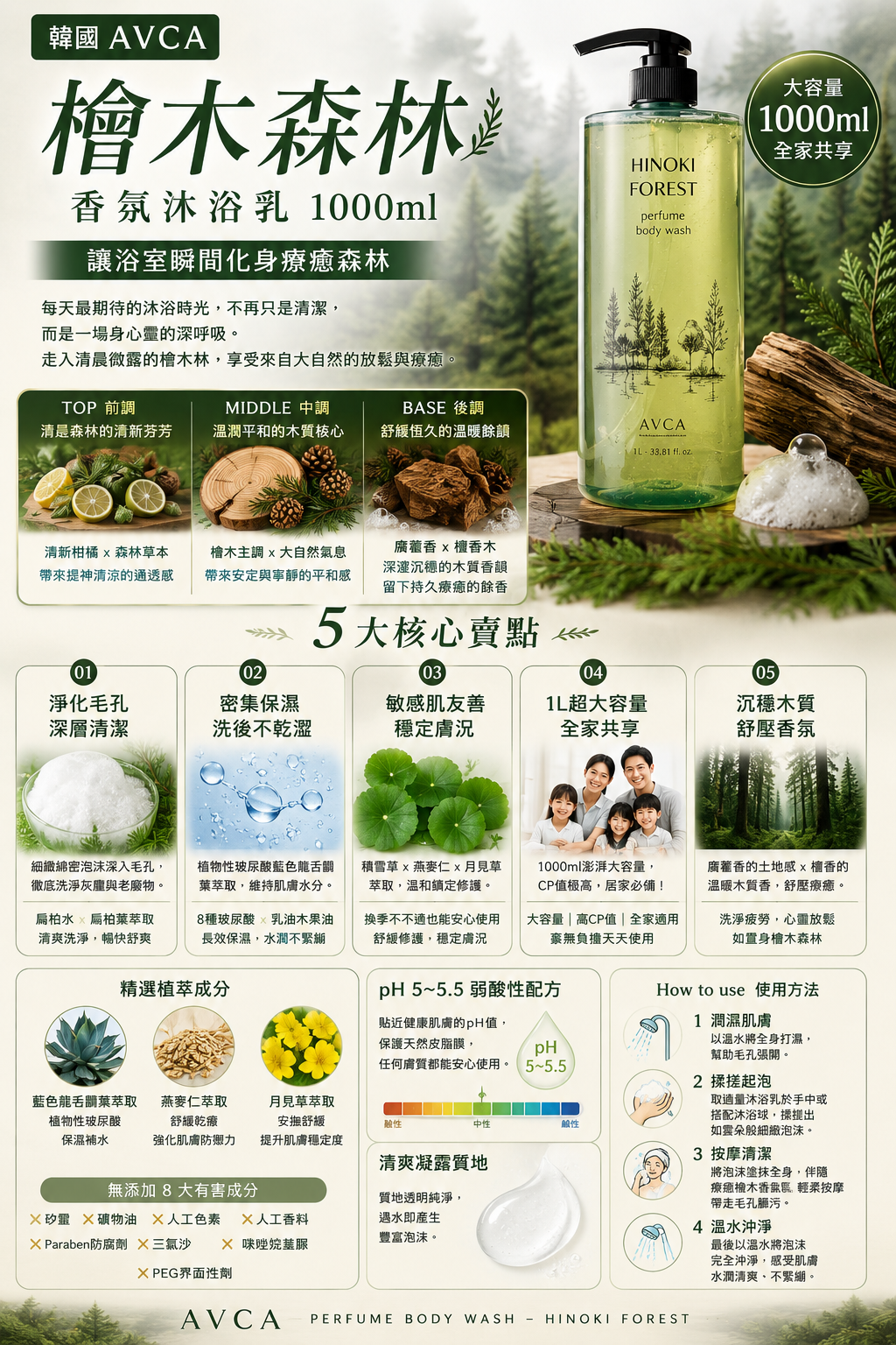 韓國 AVCA 檜木森林香氛沐浴乳1000ml
