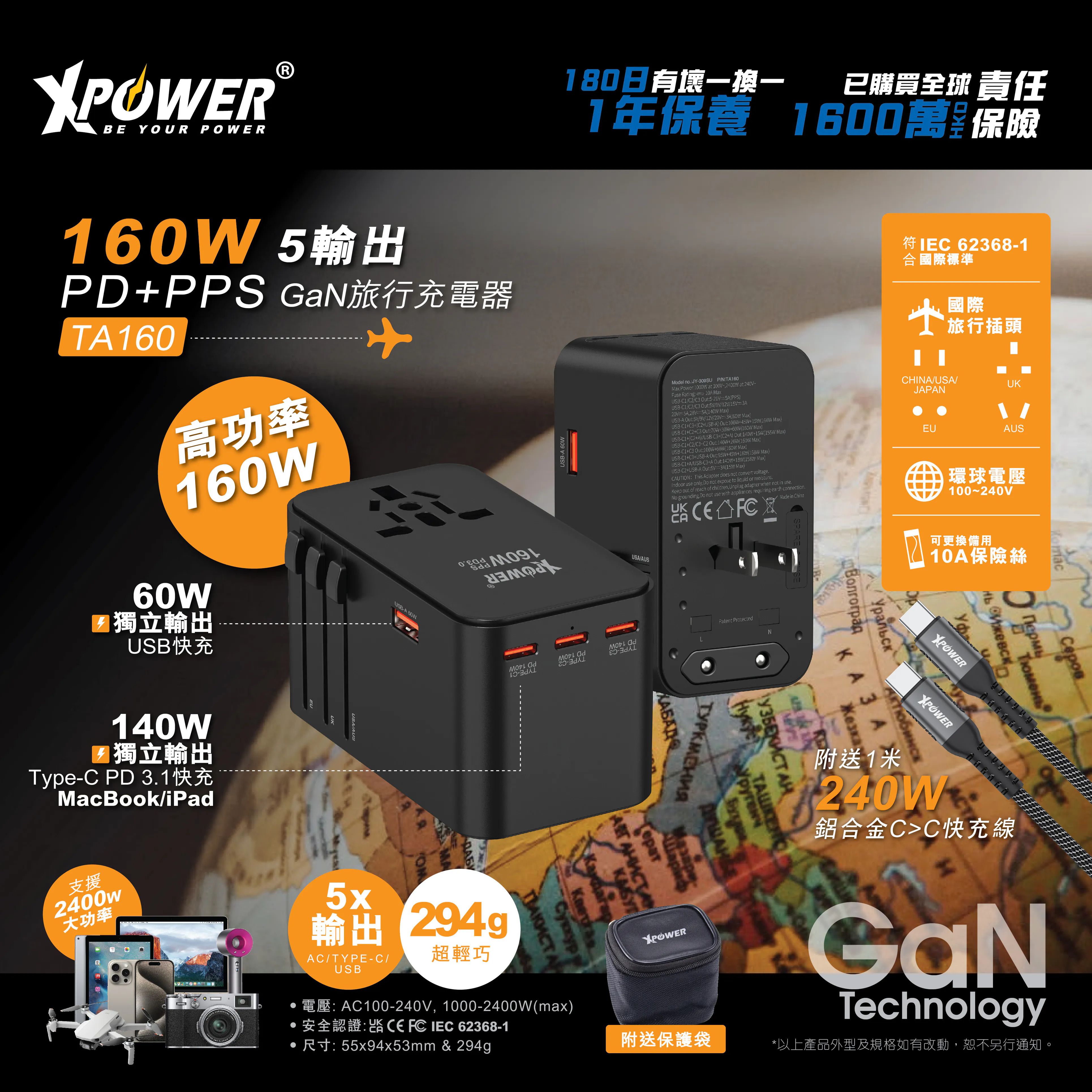 XPower TA160 160W 5輸出 PD 3.1 / PPS GaN 旅行充電器｜5口輸出｜筆電快充｜全能旅行充電方案