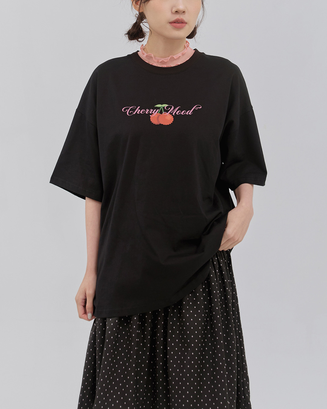 Cherry print casual oversized top, available in two colors.【01190396】in stock+pre-order