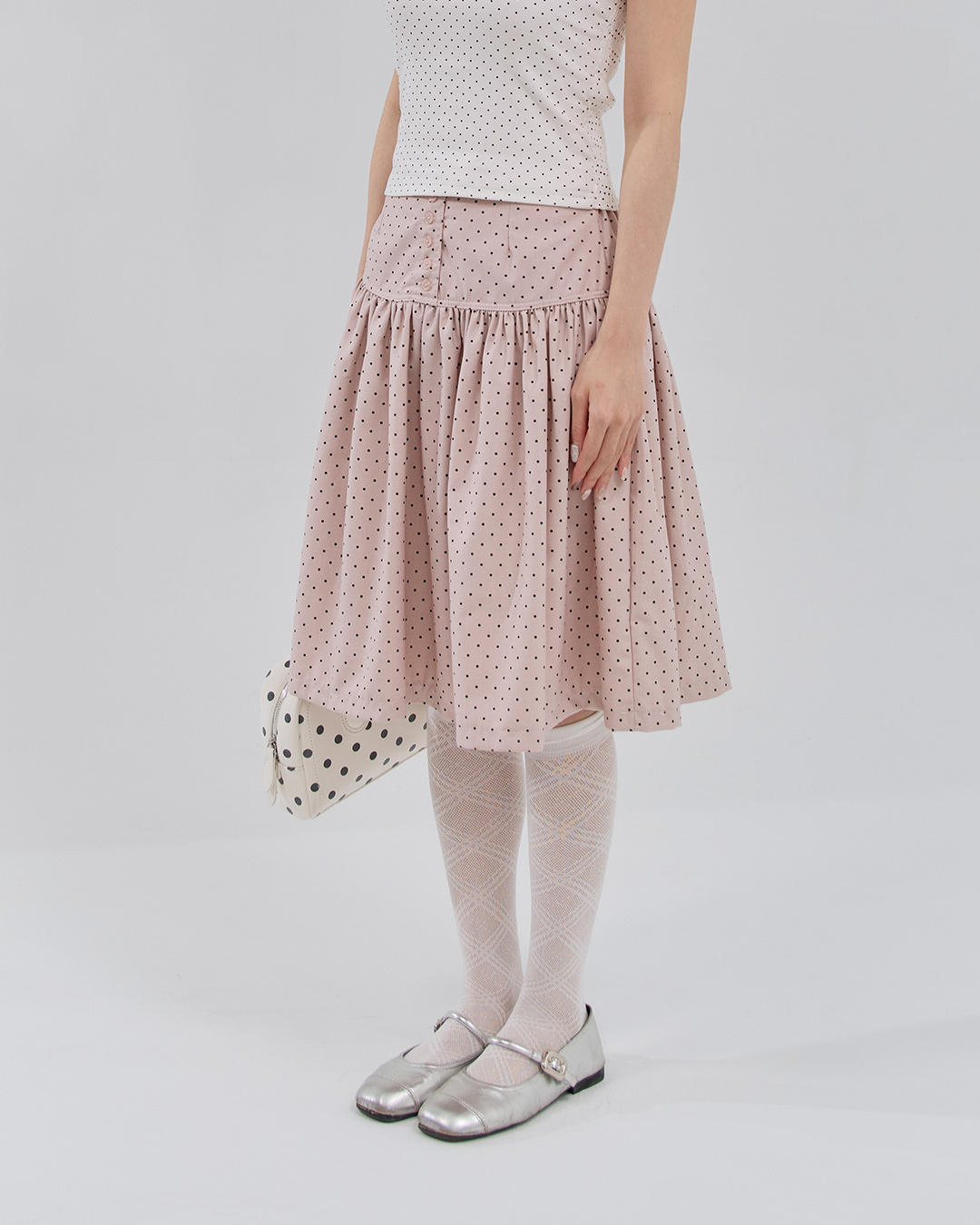 Dotted front button-down midi skirt, available in three colors, S/M【03010952】in stock+pre-order