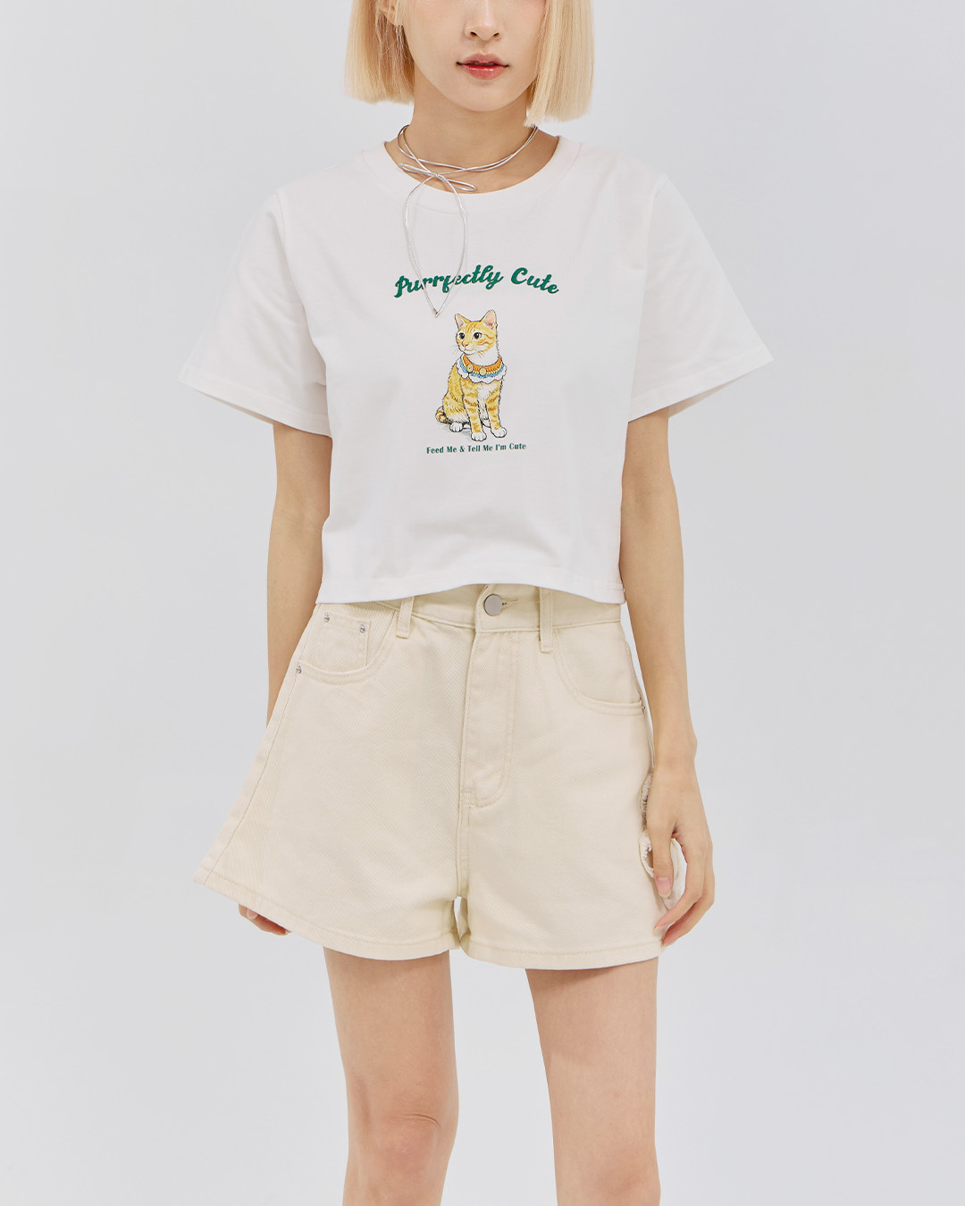 Cat-print embroidered short top, available in two colors.【01099804】in stock+pre-order