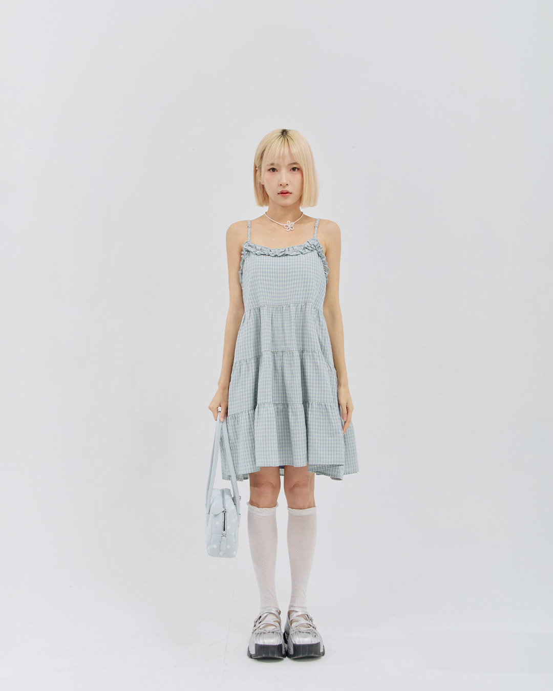 Checkered ruffled spaghetti strap tiered mini dress, available in two colors.【01087344】in stock+pre-order