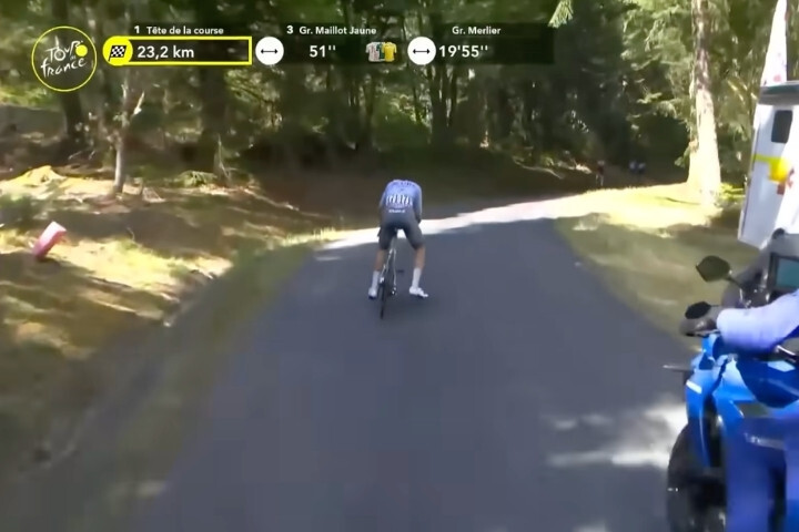 2026 環法 Stage 9 距終點 23.2 公里處,Tom Pidcock 發生變速故障。此時領先的其餘 3 人突圍集團已加速離去,而後方黃衫 GC 主集團僅落後 51 秒,局勢極度緊迫。