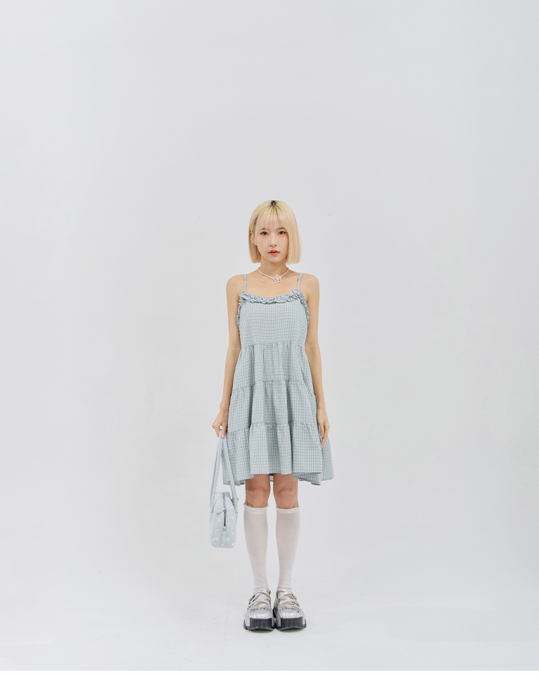 Checkered ruffled spaghetti strap tiered mini dress, available in two colors.【01087344】in stock+pre-order
