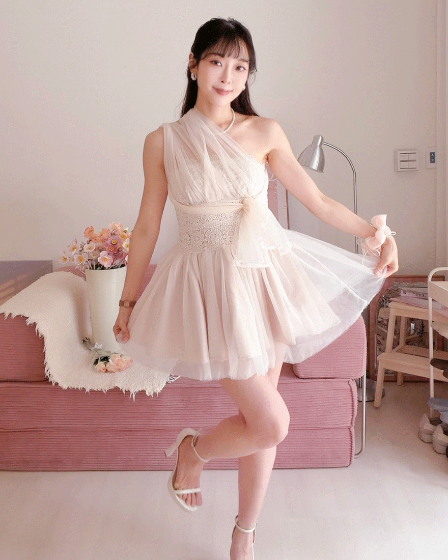 LINA LINA茶歇仙氣緹花蕾絲網紗7穿法洋裝-輕柔粉
