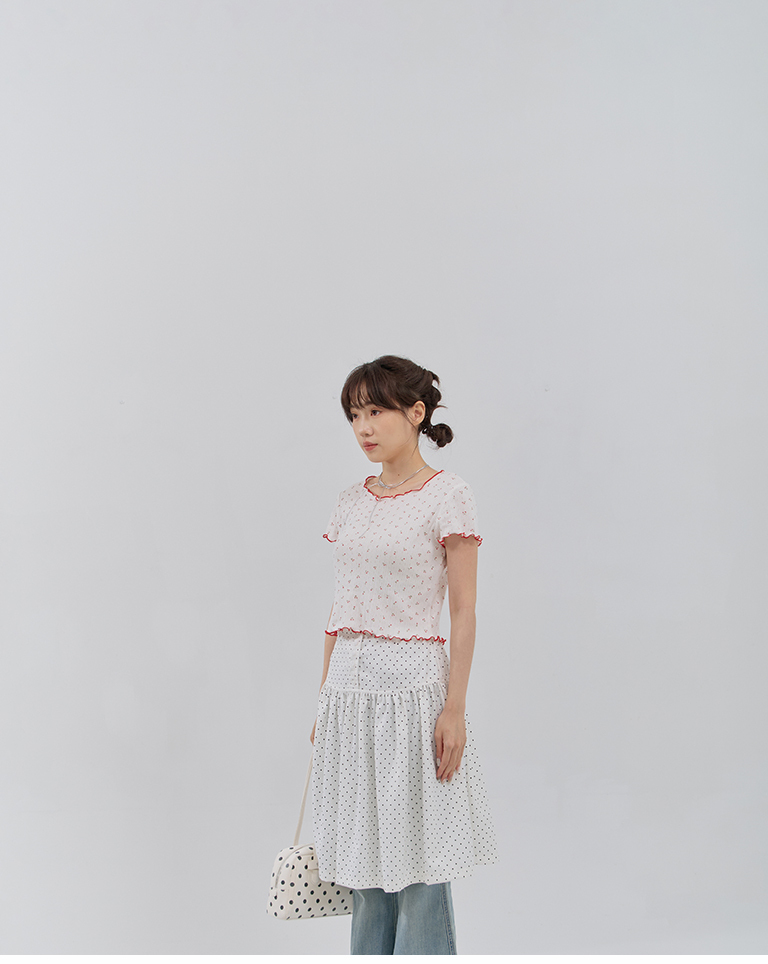Color-blocked short top with cherry blossom trim【01099566】in stock+pre-order
