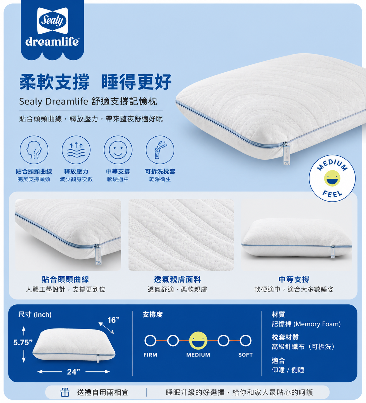 【預購】Sealy Dreamlife H071409 中型記憶泡沫枕頭