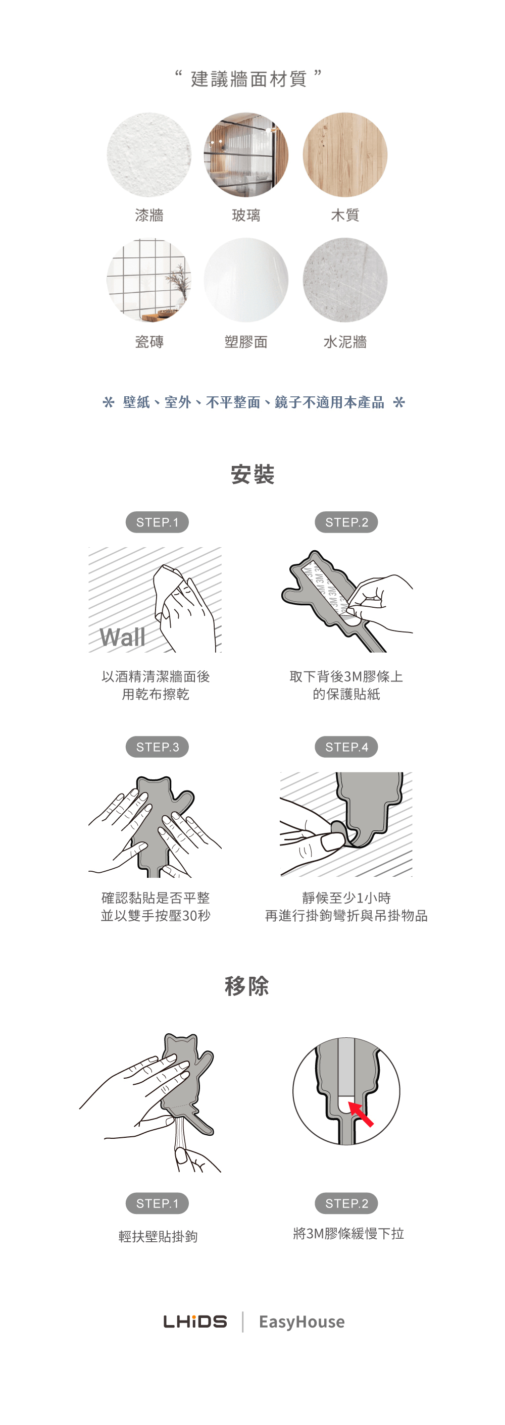 LHiDS EasyHouse 動物黏貼掛鉤建議黏貼材質及安裝方式
