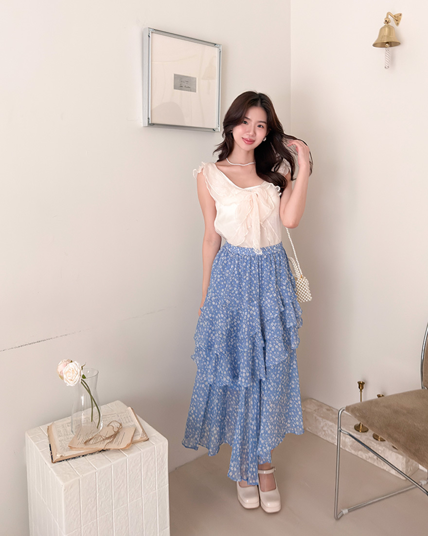 LINA LINA唯美醉心層次荷葉滾邊鬆緊碎花長裙-亮麗藍