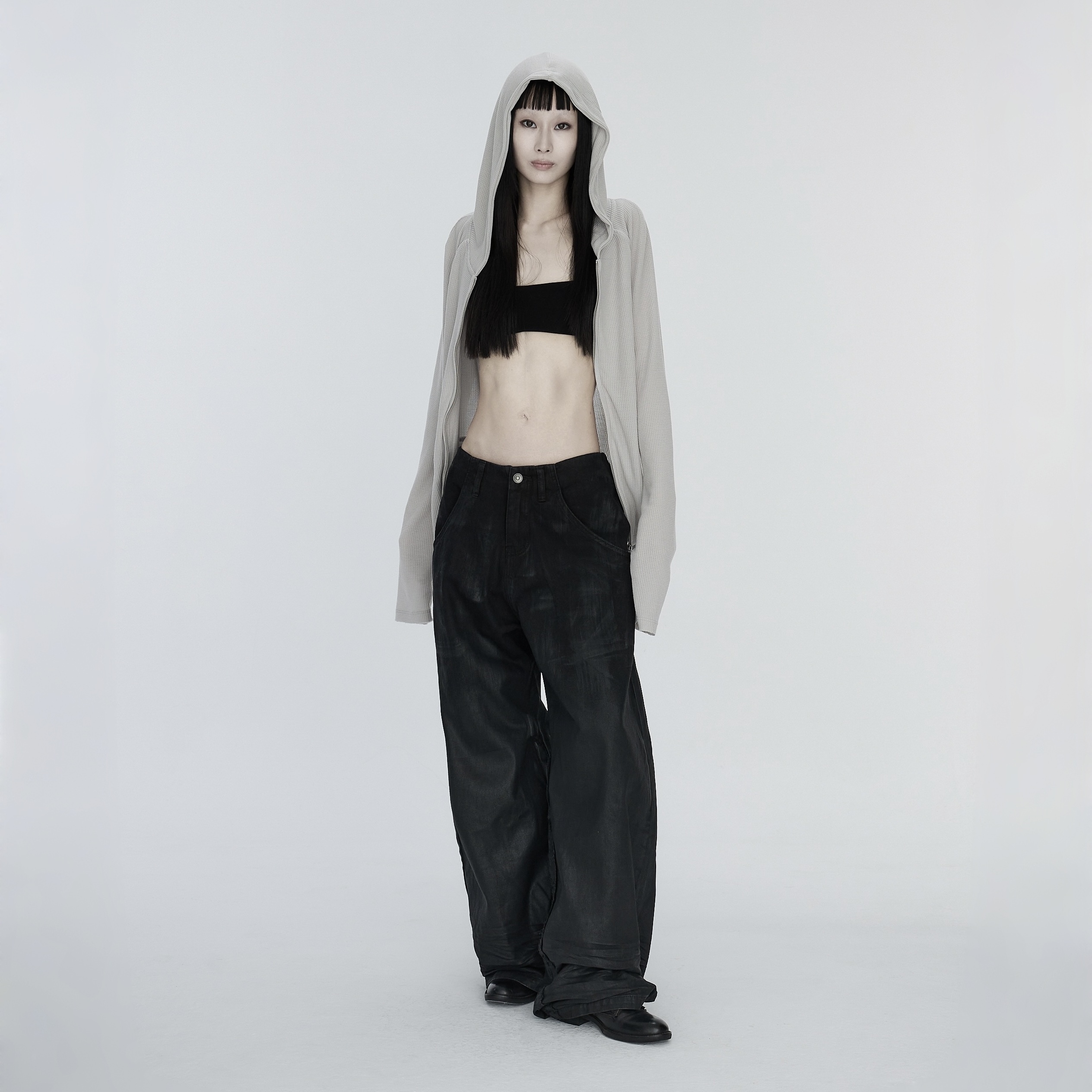 pip｜Waxed Wide Trouser (Black)