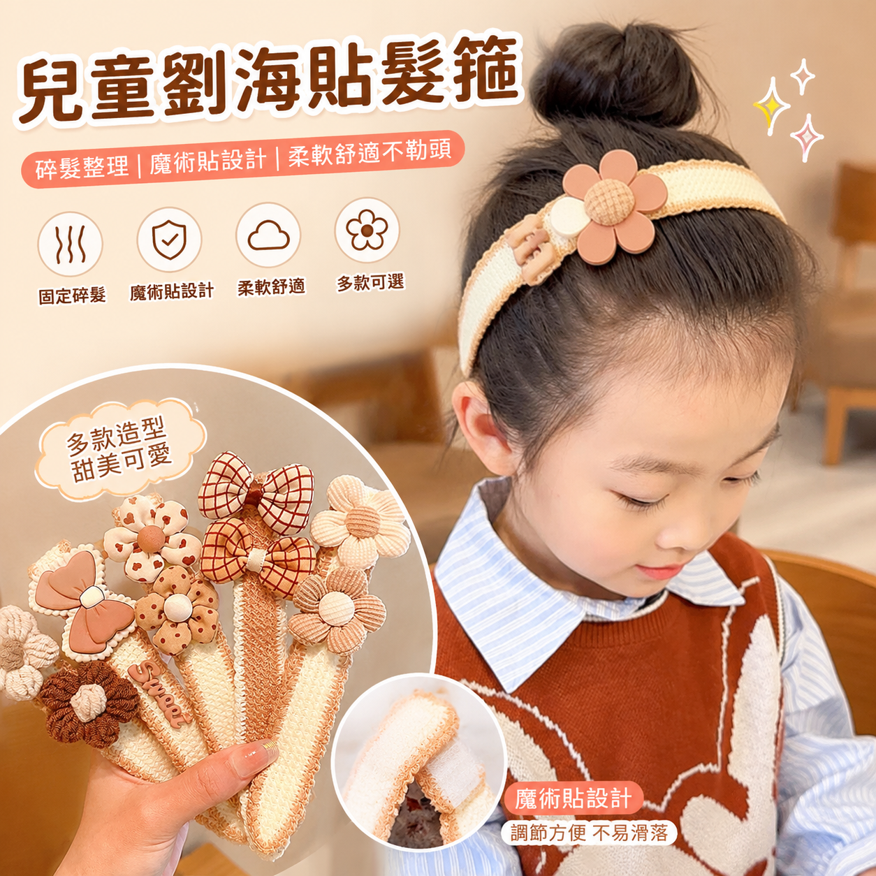 兒童劉海貼碎髮貼新款寶寶魔術貼髮箍女童髮卡髮飾小女孩髮帶頭飾
